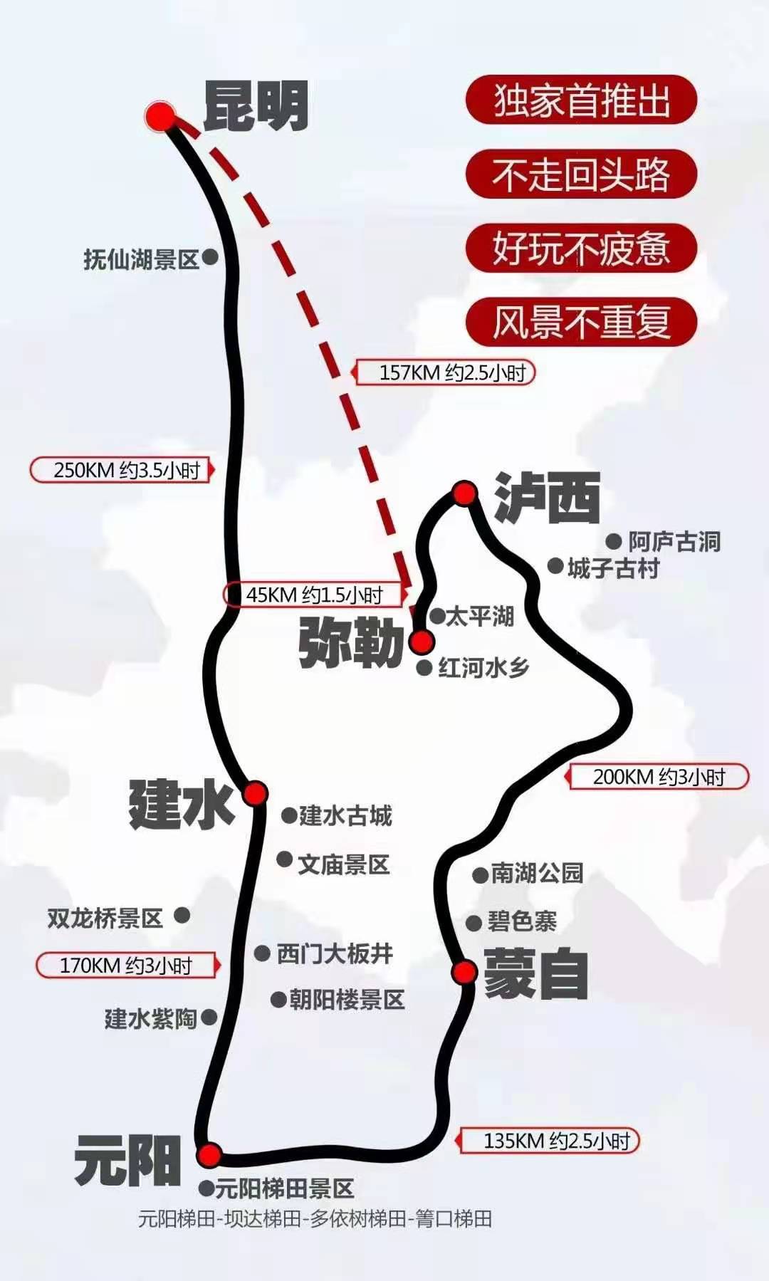 昆明至红河旅游路线图 昆明-弥勒-泸西-蒙自-元阳-建水-昆明环路旅游线路图